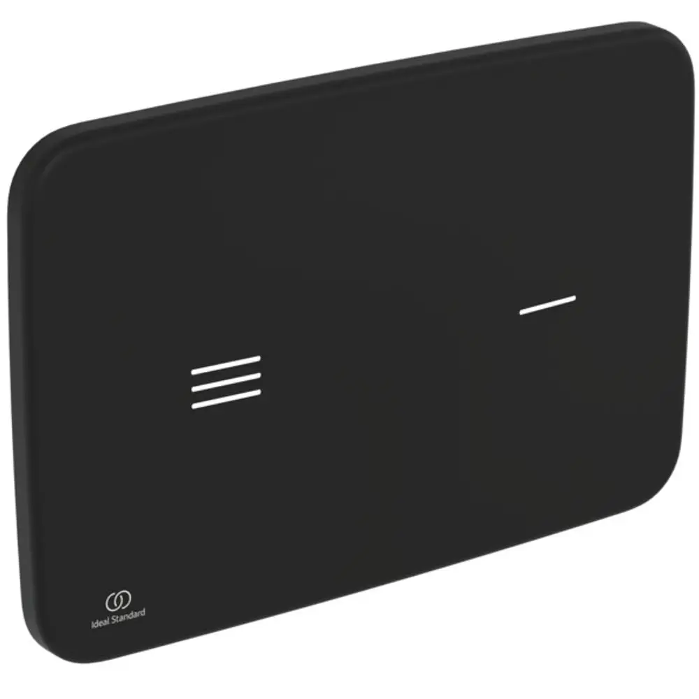 Sensor-Betätigungsplatte in Schwarz von Ideal Standard mit zwei Betätigungselementen in Weiß auf der Vorderseite.